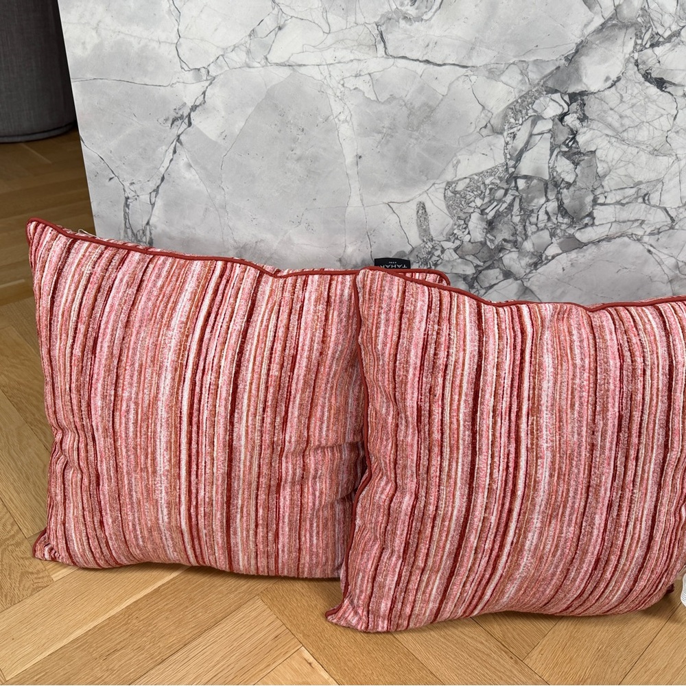 Pair of Tahari Home Red and Pink Striped Throw Pillows